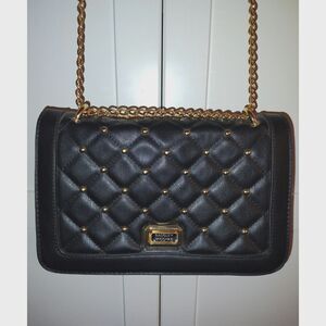 Badgley Mischka Faux Leather Black Crossbody Purse Gold Chain Studded